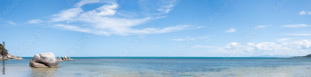 Panorama view of Blue Sky with White Clouds and Sea Background.