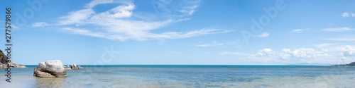 Panorama view of Blue Sky with White Clouds and Sea Background.