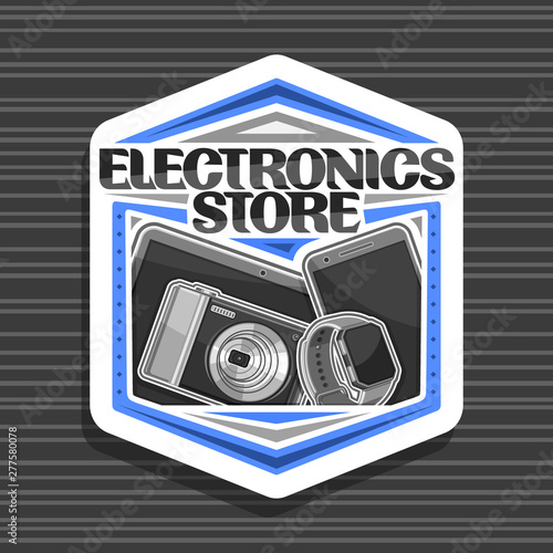 Vector logo for Electronics Store, white decorative signboard with illustration of set modern web electronic products, sign board with original typeface for words electronics store on dark background.