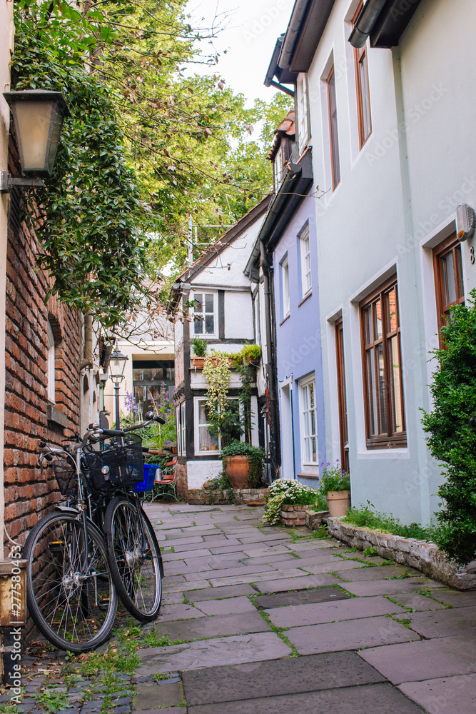 Bicycles and trees in cozy backyard in Europe. Summer patio with bikes. Bicycles in front of old house. Traditional exterior of houses in Amsterdam. European architecture concept. Old town.