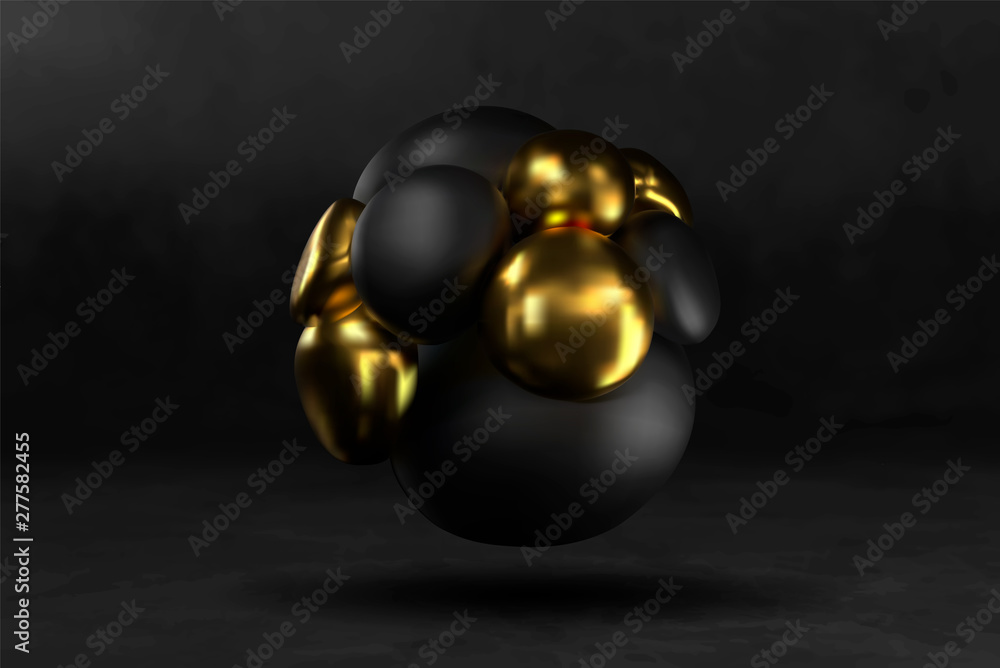 3d molecule or atom abstract design background. Golden black sheres banner. Vector illustration of balls textured with glitter. Jewelry gold cover concept. Black banner. Science element for design
