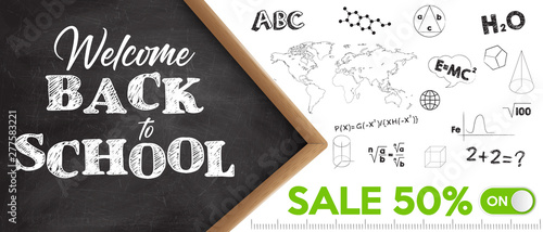 Promotional banner back to school at  discount. Vector illustration.