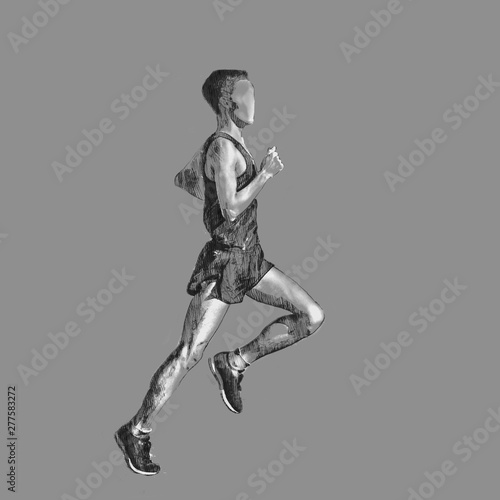 Pencil drawing illustration of a running man. Dynamic sketch on with white drawing of contrasting places.