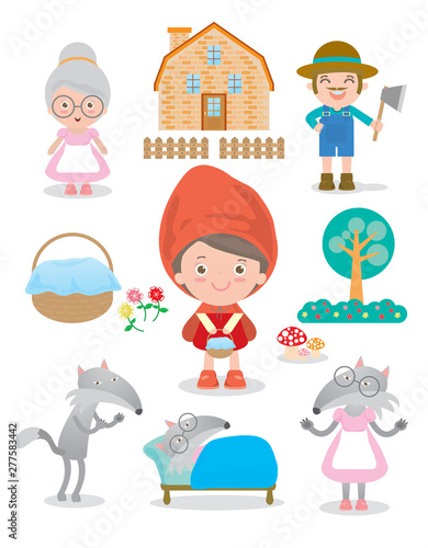 Set of characters from Little Red Riding Hood fairy tale on white background, Vector Illustration