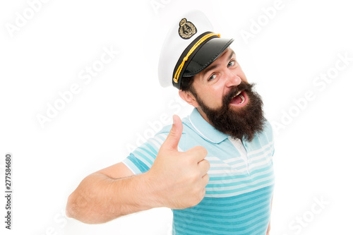 Summer vacation. Hipster beard mustache sailor hat. Captain of cruise liner. Brutal seaman isolated on white. Captain concept. Welcome aboard. Bearded man captain of ship. Sea cruise. Travel concept © be free