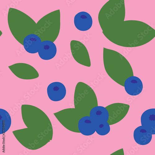 Vector seamless pattern of blueberry in simple style on pink background