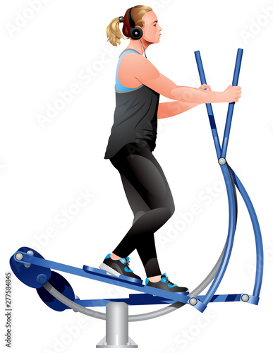 Fitness girl doing exercises on elliptical cross trainer, cardio machine, X-trainer, stationary exercise machine. Healthy lifestyle realistic vector illustration