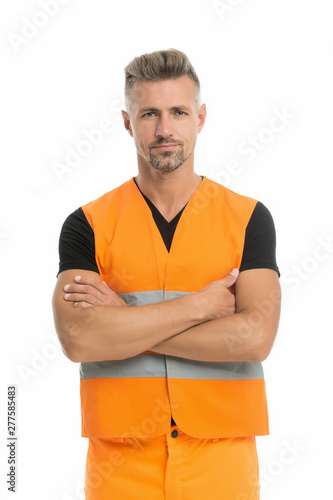 High visibility reflective safety vest. Safety is main point. Man worker protective uniform white background. Protective and safety equipment concept. Safety apparel for construction industry