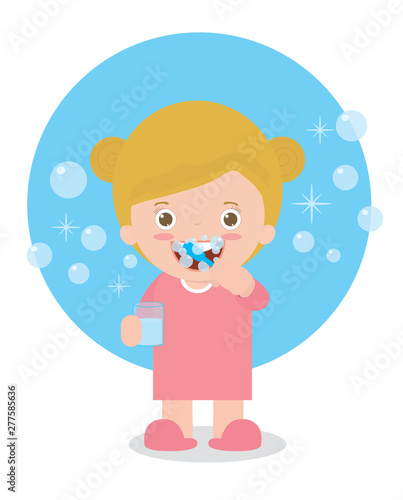 Cute girl brushing her teeth, child caring for teeth, kid brushing her teeth Vector Illustration