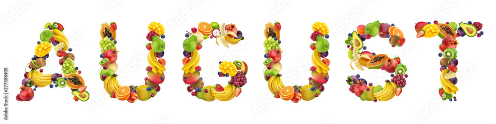August word made of tropical and exotic fruits August word made of tropical and exotic fruits