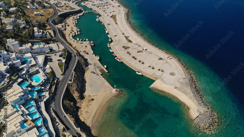 Aerial drone photo of Cavo Tagoo luxury resort famous for number of pools in new public port of Mykonos island, Cyclades, Greece