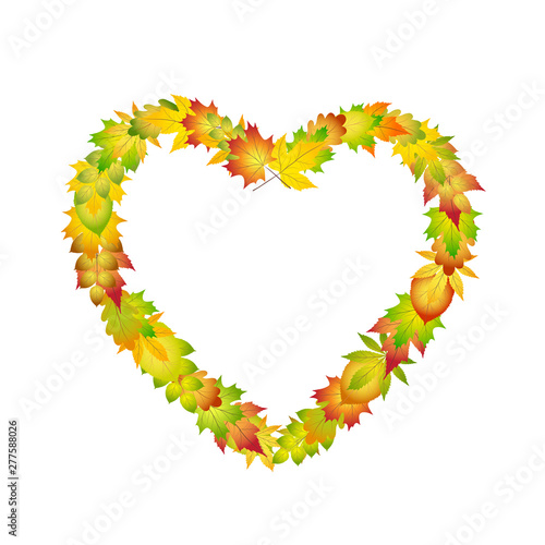 Bright colorful autumn leaves heart frame for design on white, stock vector illustration