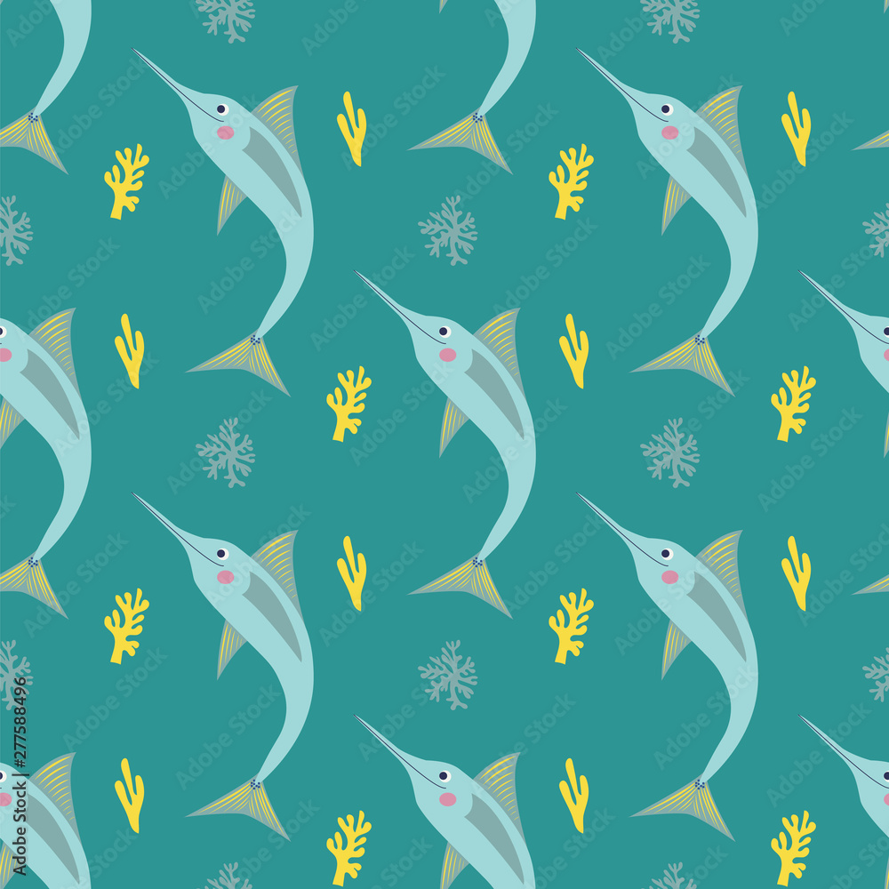 Fototapeta premium Seamless pattern of playful jumping swordfish in the ocean surrounded by bright corals on a blue background.