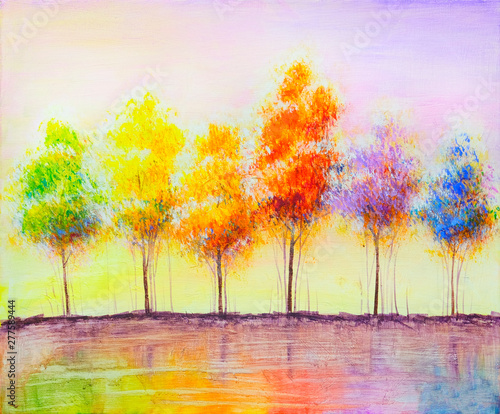 Oil painting landscape  abstract colorful gold trees