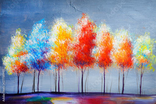 Oil painting landscape, abstract colorful gold trees