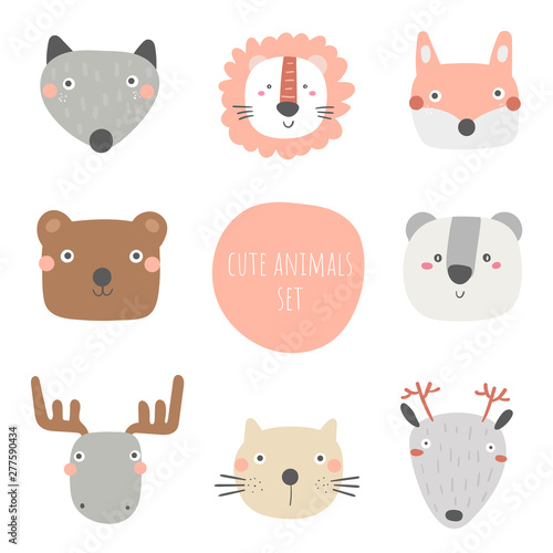 Fototapeta Naklejka Na Ścianę i Meble -  Animals set including wolf, bear, fox, panda, cat, moose, deer, lion. Cute hand drawn doodle card, postcard, poster with animals