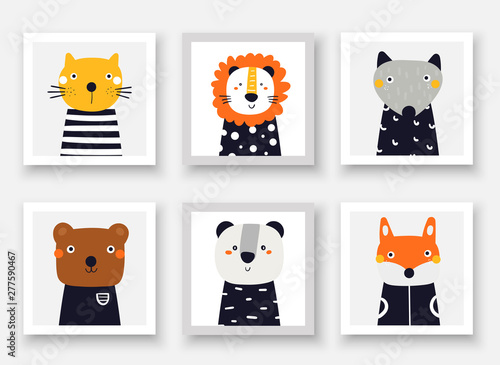 Animals set including wolf, bear, fox, panda, cat, lion. Cute hand drawn doodle cards, postcard, posters with animals for kids
