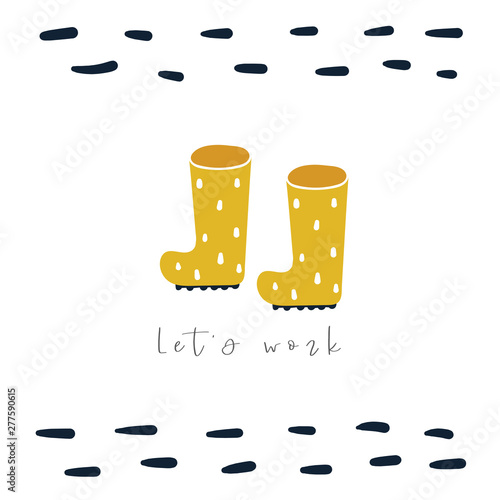 Cute hand drawn doodle card, postcard, cover, banner with gardening rubber boots. Funny poster for garden season