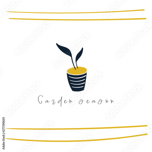 Cute hand drawn doodle card, postcard, cover, banner with plant in pot. Funny poster for garden season