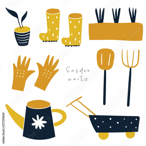 Hand drawn doodle garden tools collection including rubber boots, gloves, plants, cart, pot, shovel, rake, soil, watering can