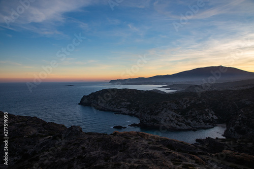 Sunset view of the Cap de Creus coastline with the sunset, Catalunya