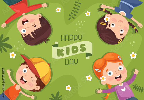 Vector Illustration Of Children Lying On Grass