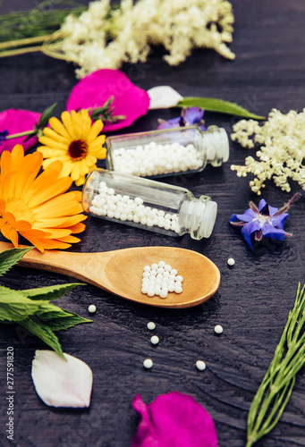 Selective focus on Homeopathic Medicine pills on spoon and medicinal bottles  decorated with fresh various herbal plants  dark wood background.