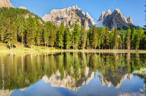 Majestic landscape of Antorno lake with famous Dolomites mountain peak of Tre Cime di Lavaredo in background in Eastern Dolomites, Italy Europe.