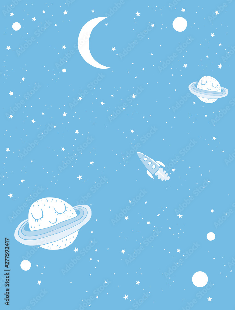 Cute Smiling Planets and Funny Rocket Vector Illustration for Card, Wall Art, Poster, Invitation, Printing. Spaceship Flying Across a Starry Galaxy White Stars, Planets and Moon on a Blue Sky. 