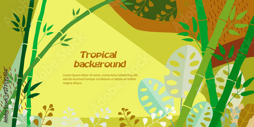 Tropical background with stalks of bamboo, monstera, jungle foliage. Vector illustration in warm yellow, brown colors. Template for cover, advertising, web design, poster. Place for text. 