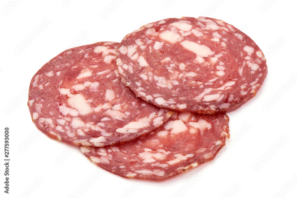 Salami smoked sausage, Traditional dry-cured Milano salami, close-up, isolated on white background