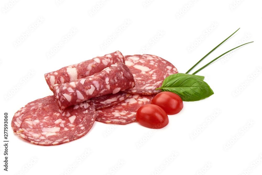 Sliced Dried sausage or salami, smoked meat, close-up, isolated on white background