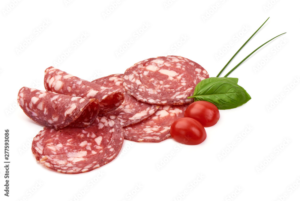 Salami smoked sausage, Traditional dry-cured Milano salami, close-up, isolated on white background
