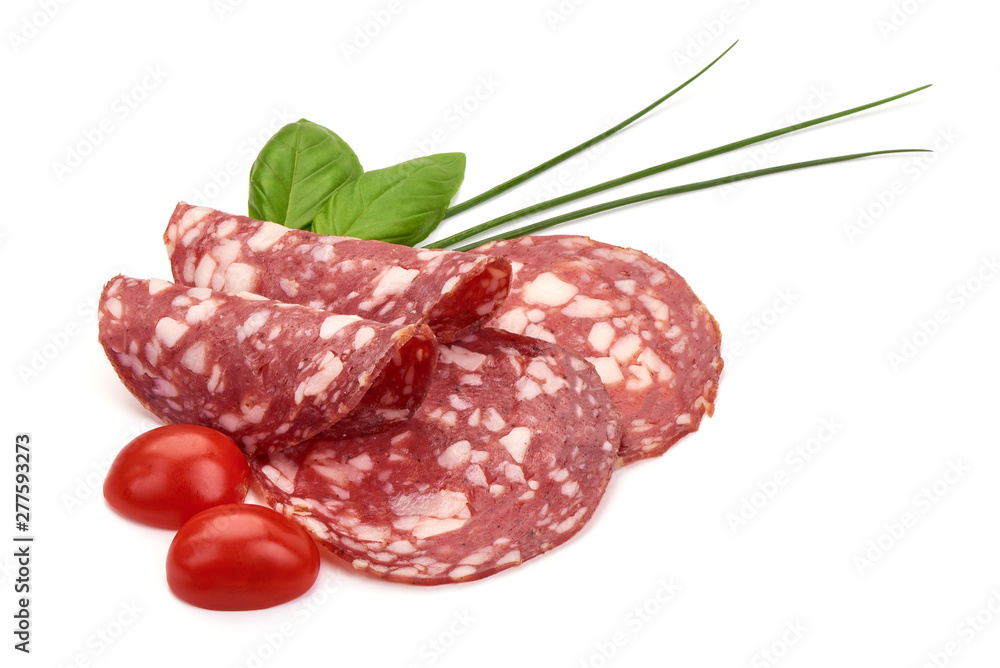 Salami smoked sausage, Traditional dry-cured Milano salami, close-up, isolated on white background Salami smoked sausage, Traditional dry-cured Milano salami, close-up, isolated on white background