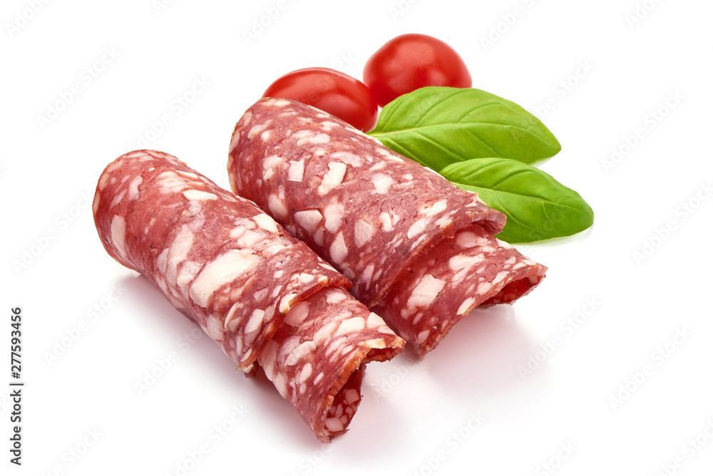 Smoked Salami Sausage, Traditional dry-cured meat, close-up, isolated on white background Smoked Salami Sausage, Traditional dry-cured meat, close-up, isolated on white background