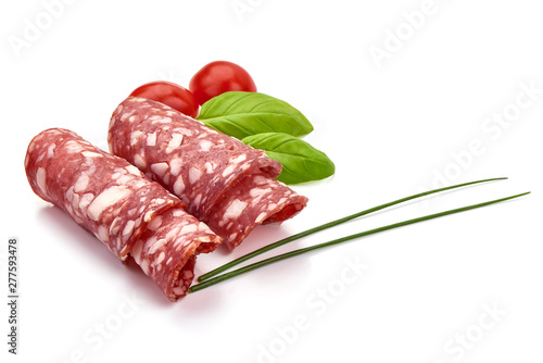 Salami smoked sausage, Traditional dry-cured Milano salami, close-up, isolated on white background
