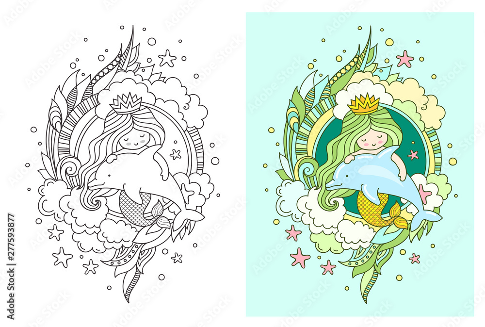 Princess mermaid on the background of a large seashell. Cute cartoon character. Vector illustration for coloring book, print, card, postcard, poster, t-shirt and tattoo.