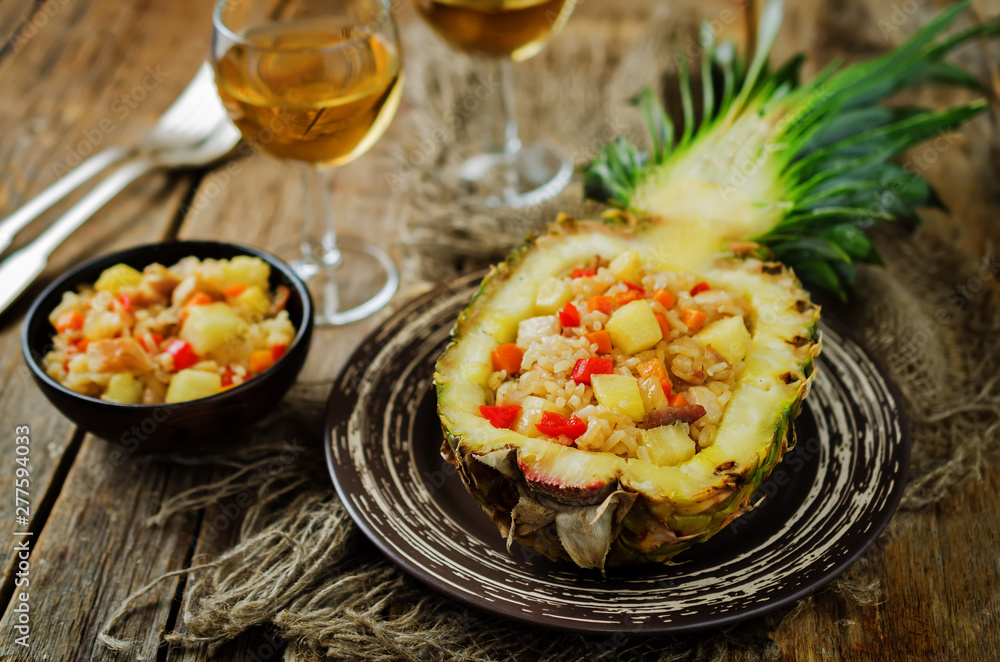 Bacon chicken pine apple vegetables fried rice in pineapples Bacon chicken pine apple vegetables fried rice in pineapples