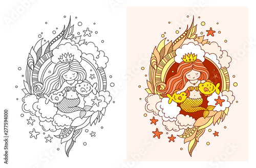 Lovely princess mermaid with two golden fish. Doodle composition for print, poster, coloring book, postcard. Vector illustration.