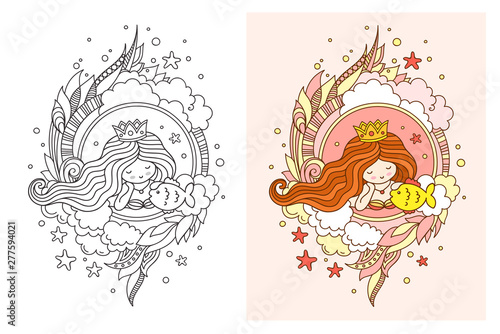 Beautiful dreamy princess with fish. Vector doodle illustration for adult coloring book, print, postcard, poster.