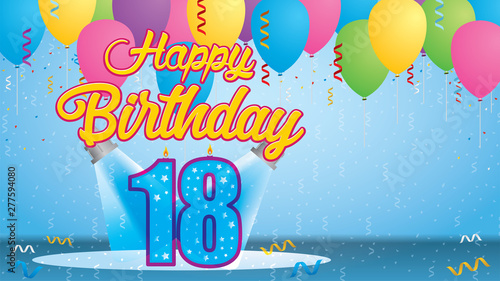 Happy Birthday 18 Greeting card. Blue candle lit in the form of a number being lit by two reflectors in a room with balloons floating with streamers and confetti falling to the floor. Vector image