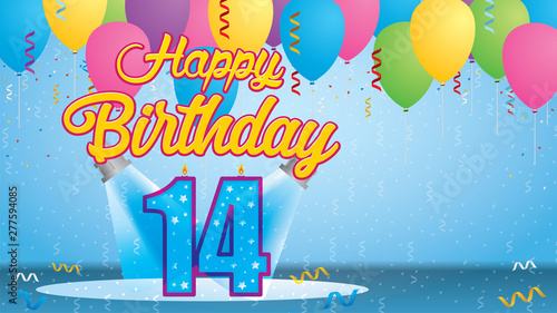 Happy Birthday 14 Greeting card. Blue candle lit in the form of a number being lit by two reflectors in a room with balloons floating with streamers and confetti falling to the floor. Vector image