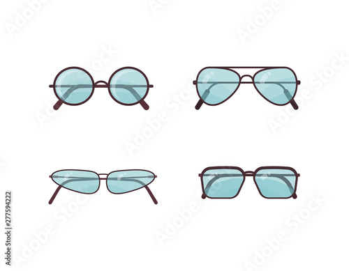 Blue sunglasses vector set. Spectacles plastic frame collection. Summer sun protection.