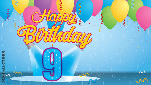 Happy Birthday 9 Greeting card. Blue candle lit in the form of a number being lit by two reflectors in a room with balloons floating with streamers and confetti falling to the floor. Vector image