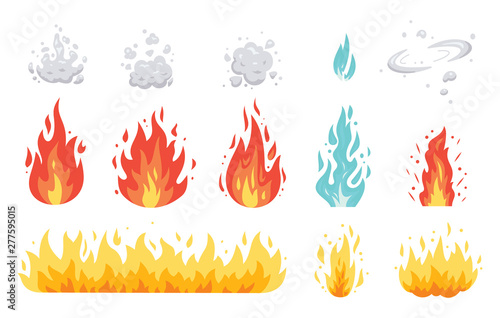 Fire flame vector icons in cartoon style. Flames of different shapes. Fireball set, flaming symbols.