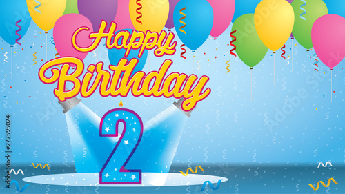 Happy Birthday 2 Greeting card. Blue candle lit in the form of a number being lit by two reflectors in a room with balloons floating with streamers and confetti falling to the floor. Vector image