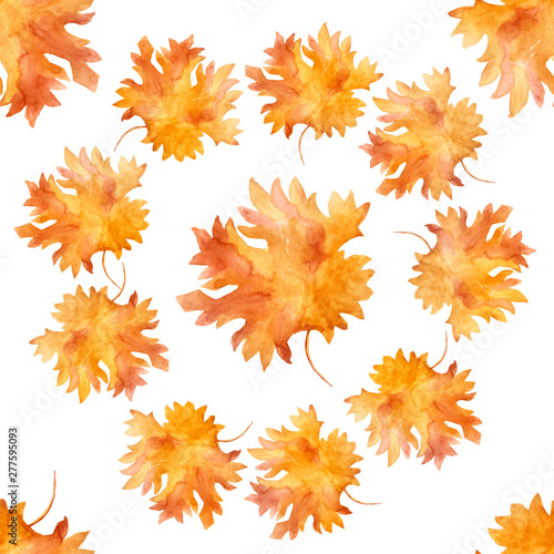 Watercolor seamless pattern colorful autumn brown, orange and yellow leaves isolated on white background. Flower pattern for beautiful wedding invitation design, greeting cards.