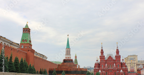 Moscow Red square with Kremlin building, Lenin mausoleum and State History museum architecture on cloudy day 
