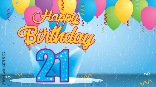 Happy Birthday 21 Greeting card. Blue candle lit in the form of a number being lit by two reflectors in a room with balloons floating with streamers and confetti falling to the floor. Vector image