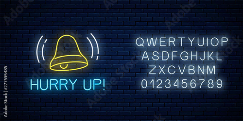 Glowing neon sign with ringing bell and hurry up text with alphabet. Call to action symbol with cheering inscription.